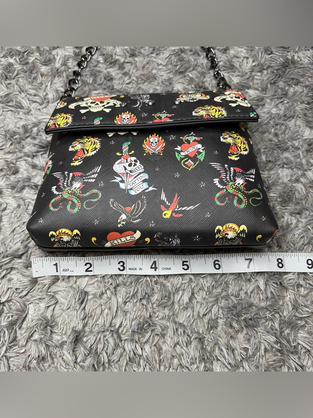 Ed Hardy Black Mini Bag with Multicolor Tattoo Print